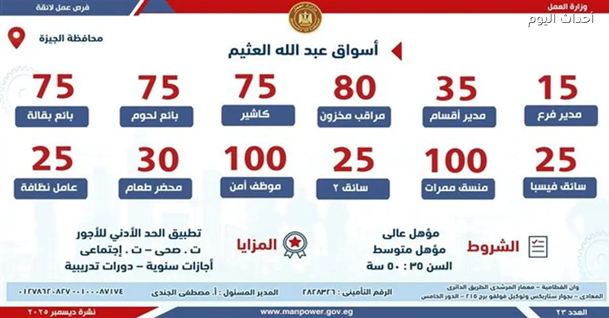 العمل تعلن عن فرص عمل جديدة بالشركات الخاصة بالتعاون مع مديرية عمل الجيزة