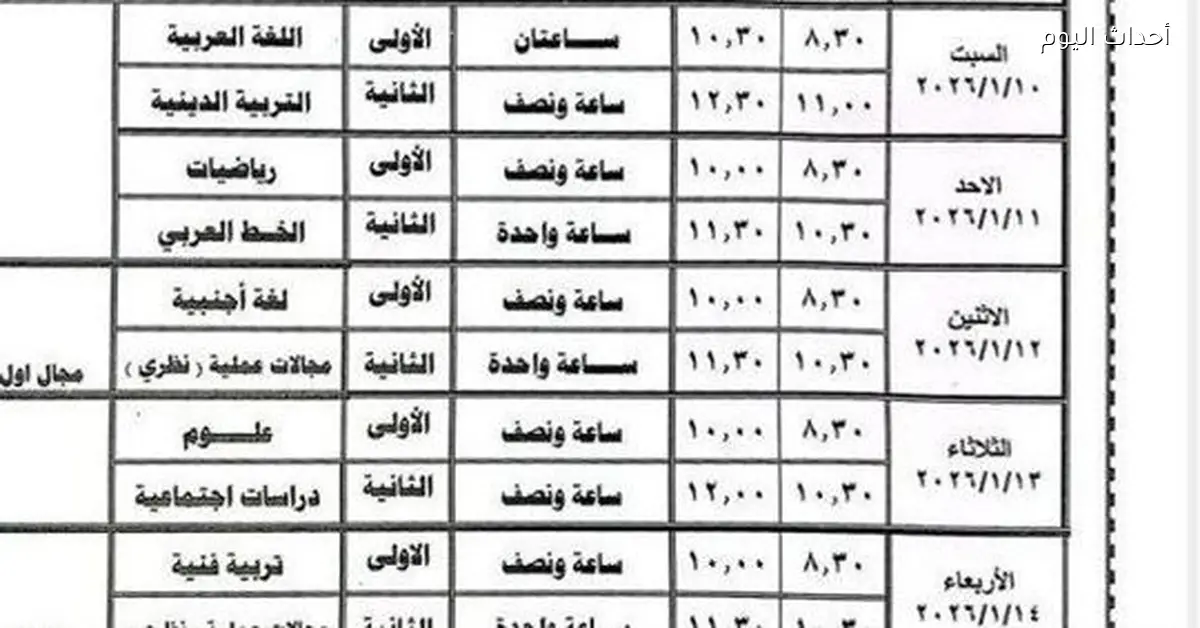 جدول امتحانات الترم الأول لطلاب الصف الثاني الإعدادي في كل المحافظات