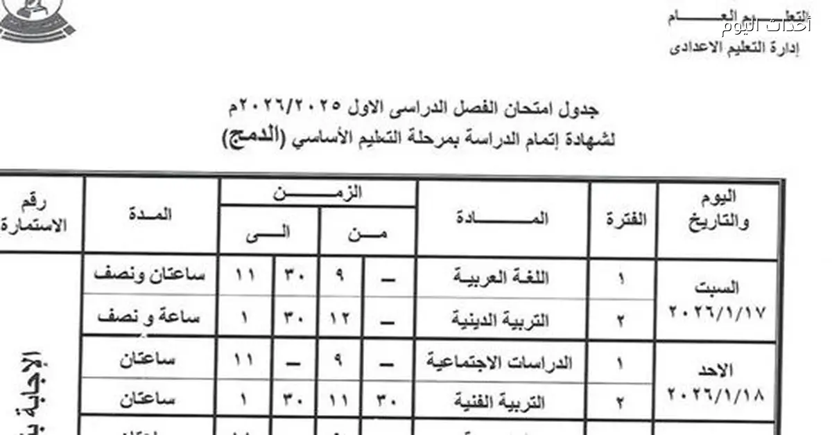 جدول امتحانات الصف الثالث الإعدادي 2026 في البحر الأحمر بفاصل يوم واحد