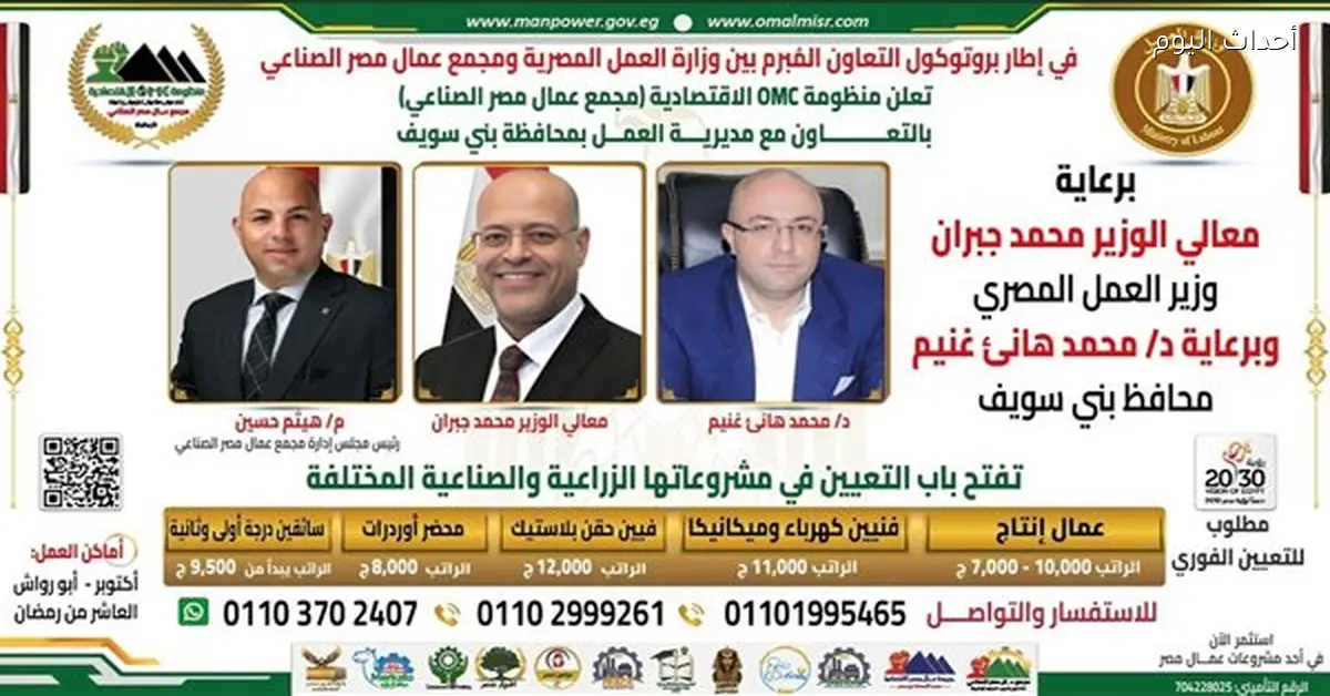 فتح باب التعيين للشباب في مشروعات زراعية وصناعية ببني سويف