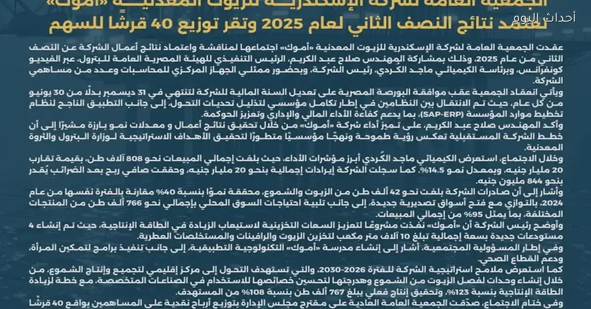 أموك تعتمد نتائج النصف الثاني من 2025 وتوزع 40 قرشًا للسهم