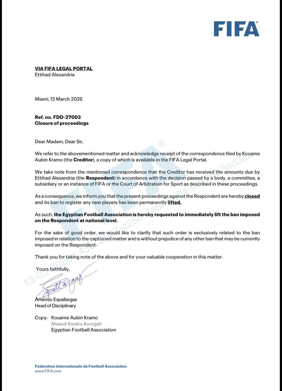 فيفا يرفع إيقاف قيد نادي الاتحاد السكندري