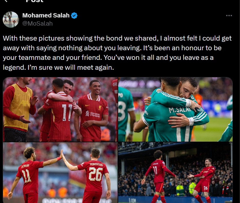 وداع محمد صلاح لزميله آندي روبرتسون