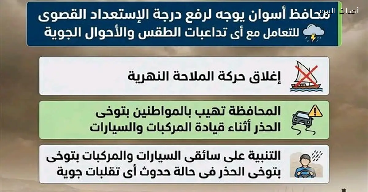 محافظ أسوان يرفع درجة الاستعداد لمواجهة الطقس السيئ